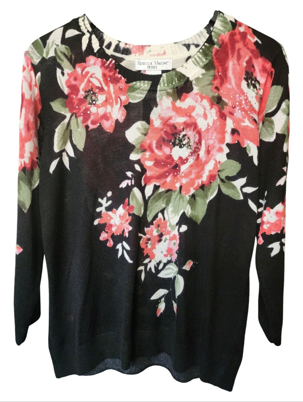 REBECCA MALONE Petite Floral Knit Sweater Black Pink PM